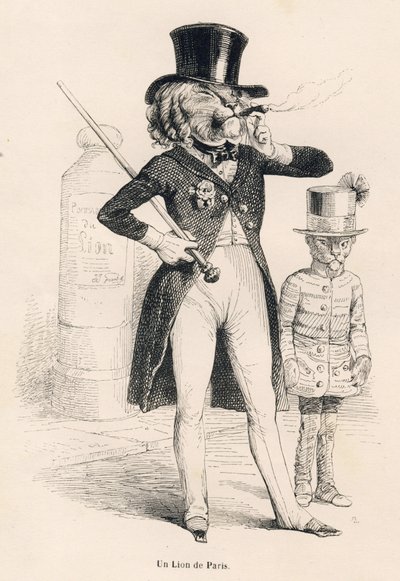 Pariisin leijona. Vinjetit kuvittanut JJ Granville. Kaiverrus on allekirjoitettu Andrew, Best ja Leloir osassa nimeltä "Afrikkalaisen leijonan matka Pariisissa", jonka Honore de Balzac on kirjoittanut "Eläinten yksityisen ja julkisen elämän kohtaukset". Pa tekijältä Grandville