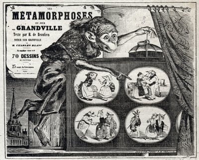 Panitikan. The Daily Metamorphosis, ng caricaturist na si Jean Jacques Grandville. Poster, Francefinn tekijältä Grandville