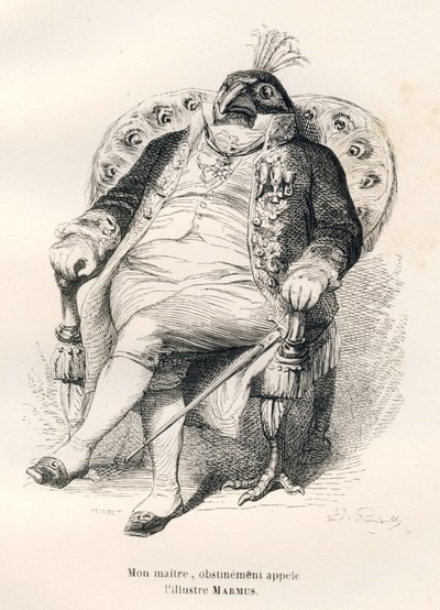 Peacock istuu tuolillaan. JJ Granvillen kuvitetut vinjetit. Porret