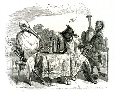 Kettu ja haikara, kuvitus teoksesta "Fables of La Fontaine" (litho) tekijältä Grandville