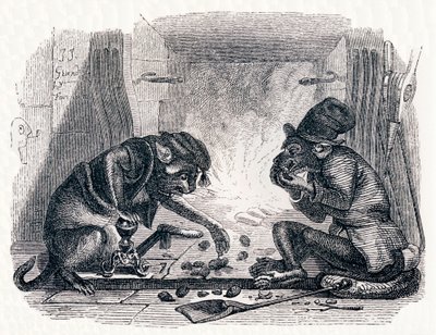 Aasi ja kissa (Le singe et le chat) - La Fontainen tarinoita tekijältä Grandville