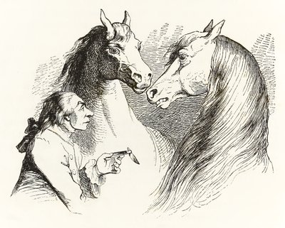 Gulliver keskustelee puhuvien hevosten kanssa Houyhnhnms Landissa Jonathan Swiftin Gullivers Travels -kirjasta. tekijältä Grandville