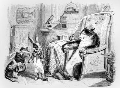 Kissa, lumikko ja pieni kani, kuvitus La Fontainen taruihin (1621-95), julkaisija H. Fournier Aine, 1838 tekijältä Grandville