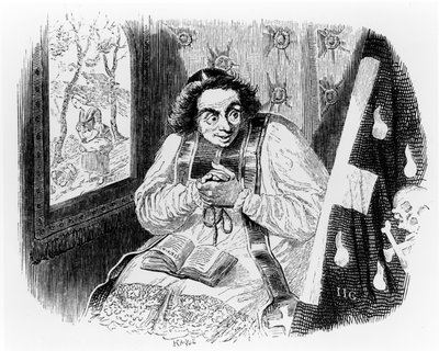 Pappi ja ruumis, kuvitus La Fontainen "Fables" -teokseen, julkaisija H. Fournier Aine, 1838. tekijältä Grandville