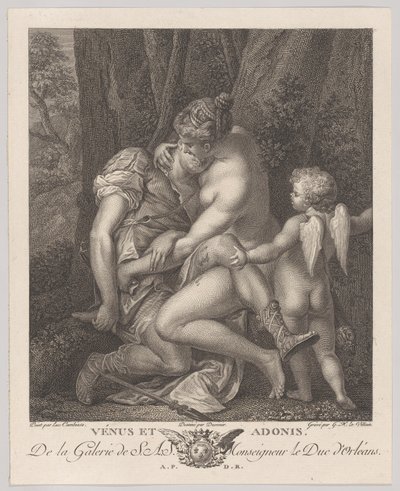 Venus suree Adonisia, istuu puun alla ja syleilee häntä, Cupidolla oikealla, noin. 1786. tekijältä Gérard René Le Vilain