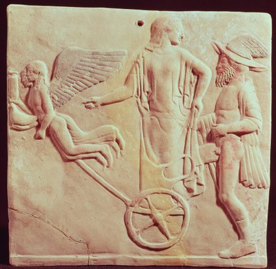 Aphrodite ja Hermes ratsastamassa Eroksen ja Psychen vetämillä vaunuilla, 470 eKr. (terrakotta) tekijältä Greek