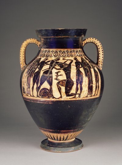 Ateenalainen ullakon mustahahmoinen amfora, joka johtuu Lydoksesta, ja Theseus tappoi Minotauroksen, 550-40 eKr. (terrakotta) tekijältä Greek