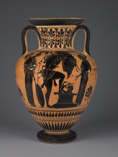 Ateenalainen ullakon mustahahmoinen amfora, jossa Herakles kantaa Erymanthean villisiaa, noin 510 eKr. (terrakotta) tekijältä Greek