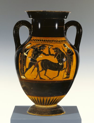 Ateenalainen ullakon mustahahmoinen paneeli-amfora tyyppi B, jossa Herakles hyökkää kentauria vastaan, 530-20 eKr. (terrakotta) tekijältä Greek