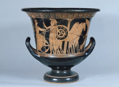 Ullakon punahahmoinen verhiökraatteri, joka kuvaa sotaan lähtevää hopliita (keraaminen) (katso myös 223268) tekijältä Greek