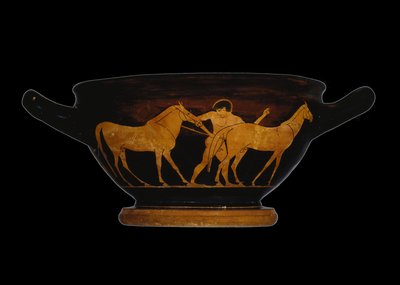 Ullakon punahahmoinen skyphos, joka kuvaa Heraklesta ja Diomedesen tammoja (keramiikka) tekijältä Greek