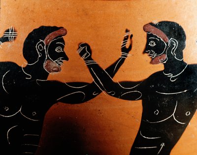 Kreikkalainen taide: Panathenaic Terracotta amfora: yksityiskohta, joka kuvaa pugilatin taistelua. Vulci Warriorin hauta. 6. vuosisadalla eaa. Rooma, Villa Giulian kansallismuseo tekijältä Greek