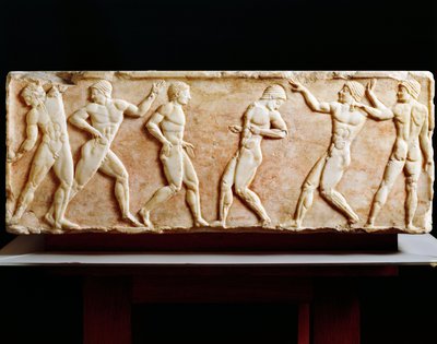 Kreikkalainen sivilisaatio, Stele, joka kuvaa urheilijoita kuntosalilla, Kerameikosin hautausmaa Ateenassa, Kreikassa, 510 eaa. tekijältä Greek