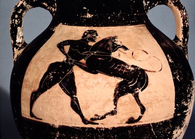 Herakles kamppailee Nemean leijonan kanssa, yksityiskohta Attic mustahahmoisesta amforasta (keramiikka) tekijältä Greek