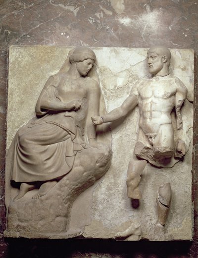 Hercules ja Minerva, yksi metooppisarjasta, joka kuvaa Herkuleen työtä Zeuksen temppelistä Olympiassa, varhaisklassinen aika, noin 470-457 eKr. (parian marmori) tekijältä Greek