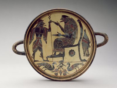 Lakonilainen kylix-kuppi, joka kuvaa Zeusta ja Hermestä, noin 550-530 eKr. (savi) (katso myös 288296 ja 288298) tekijältä Greek