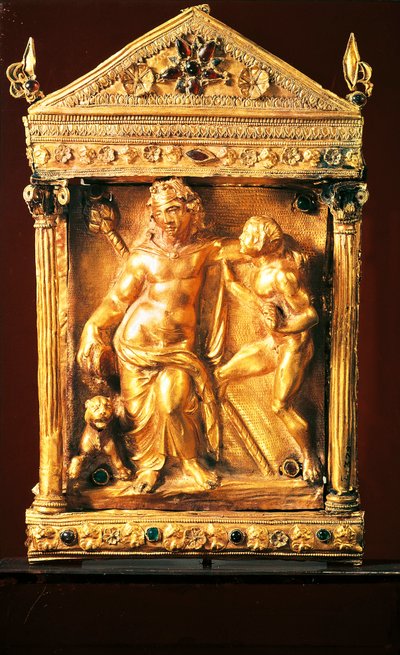 Naiskos, jossa Dionysos oli humalassa ja satyyri, pieni hellenistinen temppeli granaateilla ja smaragdeilla Thessaliasta, 2. vuosisadalta eKr. (kulta) tekijältä Greek