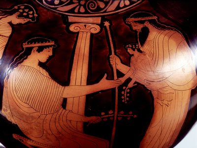 Maljakkomaalaus: Jupiter (Zeus) esittelee nuoren Dionysoksen (Bacco) kahdelle naiselle. 480 eaa. BNF, mitalitoimisto. tekijältä Greek