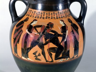 Theseus taistelee Minotaurusta vastaan, yksityiskohta ullakon mustahahmoisesta amforasta (keramiikka) tekijältä Greek