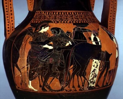 Mustahahmoinen amfora, jota koristaa kohtaus Herakleesta avustamassa Ateenaa, yksityiskohta, 6.-5. vuosisadalla eKr. (keraaminen) tekijältä Greek