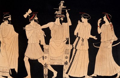 Athenen syntymä tulee Jupiterin (Zeuksen) päästä, Vulcista löydetty maalaus, toim. 20. vuosisata. tekijältä Greek School