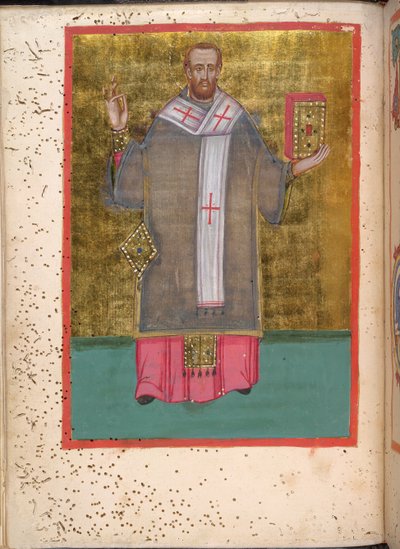 Egerton 2392, f.5v, Miniatyyri seisovasta Johannes Chrysostomosta pitelemässä kirjaa, 