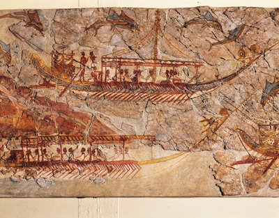 Laivakulkuetta kuvaava fresko, Akrotiri, Thera Island, Santorini, Kreikka, yksityiskohta, laivoja tekijältä Greek School