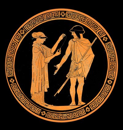 Upea keskustelu, keramiikan koristelu punaisilla hahmoilla. 5. vuosisadalla eKr. (keraaminen) tekijältä Greek School