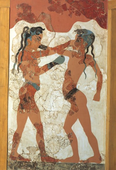 Kreikkalainen sivilisaatio, nuoria nyrkkeilijöitä kuvaava fresko, Akrotiri, Thera Island, Santorini, Kreikka tekijältä Greek School