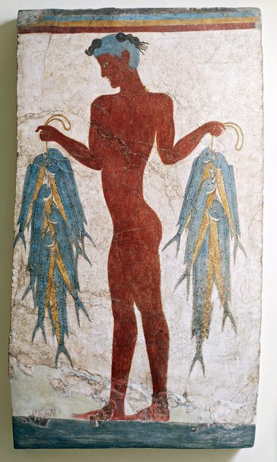 Kreikkalainen sivilisaatio, kalastajaa kuvaava fresko, Akrotiri, Thera, Santorini, Kreikka tekijältä Greek School
