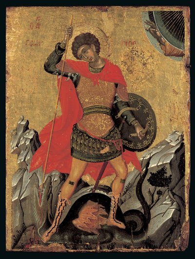 Lohikäärmeen surmaavan Pyhän Yrjön ikoni (munan tempera paneelissa) tekijältä Greek School