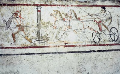Lucanian fresko hautamaalaus, joka kuvaa gladiaattoria ja miestä vaunuissa, Paestum 350-330 eKr. tekijältä Greek School