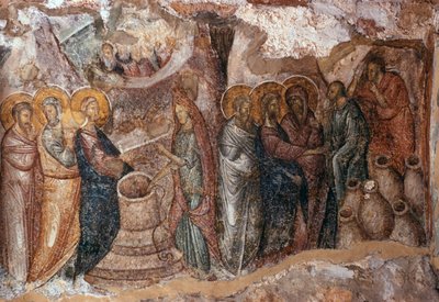 Avioliitto Canassa, narthex-seinämaalaus, Afendikon kirkko, Brontochionin luostari tekijältä Greek School