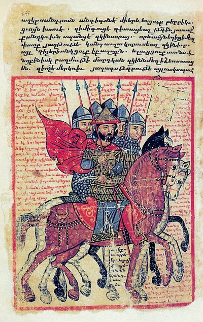 Sotilaallinen kohtaus 1400-luvun armenialaisesta käsikirjoituksesta tekijältä Greek School