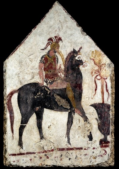 Maalattu laatta, niin kutsuttu musta ratsumies, Paestumista, Andriuolosta, hauta 58 tekijältä Greek School