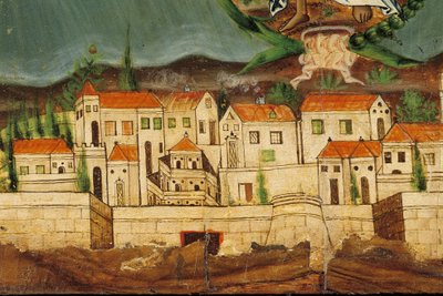 Kreikan uudestisyntymistä kuvaava helmi, yksityiskohta Konstantinopolin alueelta, Syrosilta, Kykladeilta (munan tempera puulla) tekijältä Greek School