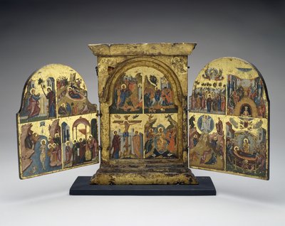 Lasaruksen herättäminen; Pääsy Jerusalemiin; Ristiinnaulitseminen; Kristuksen laskeutuminen helvettiin (keskipaneeli), 1500-luvun toinen puoli (tempera kultalehdellä puussa) tekijältä Greek School