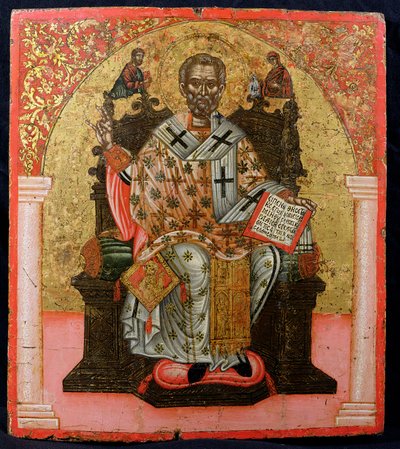 Pyhä Nikolaus valtaistuimella, ikoni, Thessalonikasta (tempera paneelissa) tekijältä Greek School
