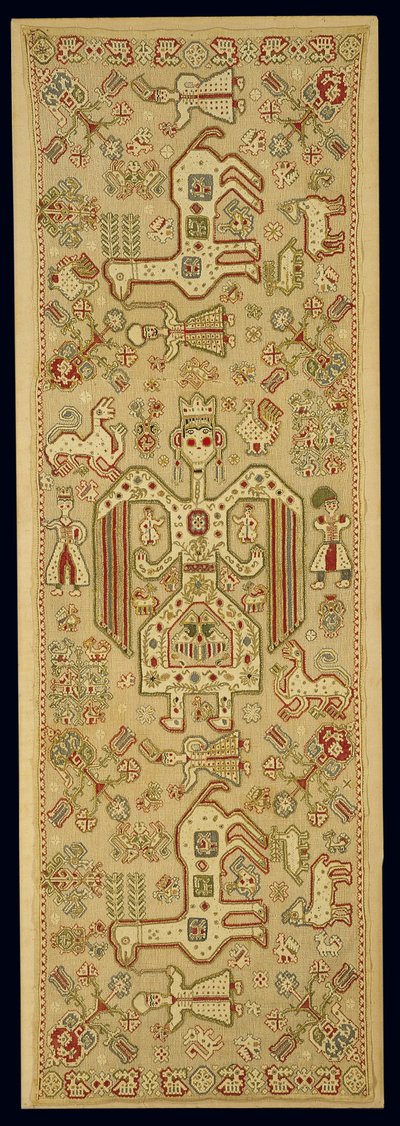 Morsiustyynynpäällinen, Lefkasista, Joonian saarilta, 1600-1700-luvulta (pellava kirjailtu silkki- ja kultametallilangalla) tekijältä Greek School
