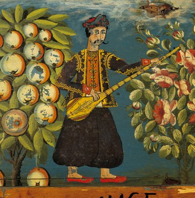 Yksityiskohta muusikosta arkusta, Mytilinistä, Lesboksesta, 1700-1800-luku (munan tempera puulla) tekijältä Greek School