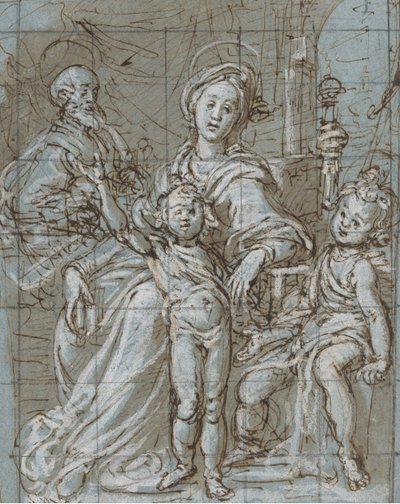 Pyhä perhe vauvan kanssa Pyhä Johannes Kastaja recto, laajamittaiset rajatut luonnokset..., 1590-92. tekijältä Gregorio Pagani