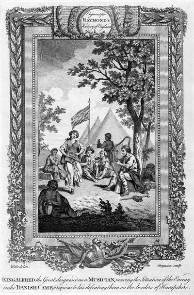 "Kuningas Alfred Suuri, muusikoksi naamioitunut...", 1800-luku. tekijältä Grignion
