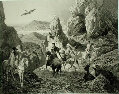 Haukkametsästys Jerevanin lähellä Armeniassa, levy 20 Kaukasusta käsittelevästä kirjasta, kaiverrettu Eugene Ciceri (1813-90) ja Adolphe Jean-Baptiste Bayot (1810-66), julkaisija Alfred Leon Lemercier, Pariisi tekijältä Grigori Grigorevich (after) Gagarin