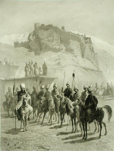 Atskhourin linna, Akhaltsik, levy 10 Kaukasusta käsittelevästä kirjasta, kaiverrettu Adolphe Mouilleron (1820-81), julkaisija Alfred Leon Lemercier, Pariisi tekijältä Grigori Grigorevich (after) Gagarin