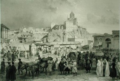 Basaari Maidan-aukiolla, Tiflis, Georgia, kuva 25 Kaukasusta kertovasta kirjasta, kaiverrettu Adolphe Jean-Baptiste Bayot