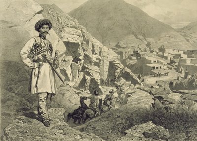 Saapumassa Tsatanykhiin, Dagestaniin, levy 12 Kaukasusta käsittelevästä kirjasta, kaiverrettu Jules Didier (1831-92), julkaisija Alfred Leon Lemercier, Pariisi, 1847 tekijältä Grigori Grigorevich Gagarin