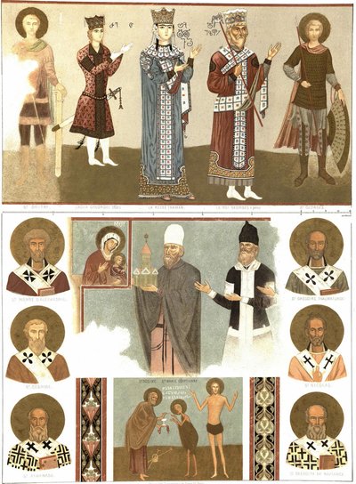 Betanian luostarin seinämaalaukset Le Caucase Pittoresque -teoksesta, 1847. tekijältä Grigori Grigorevich Gagarin