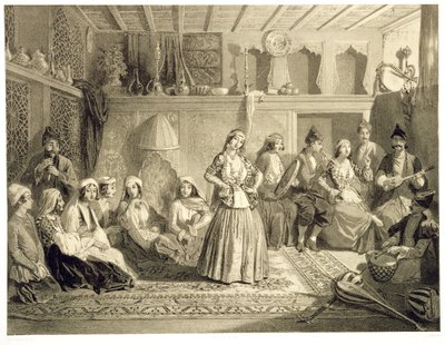 Lepohuone lähellä kylpylöitä Shemakhassa, Shirvanskaya Steppellä, levy 40 Kaukasusta käsittelevästä kirjasta, kaiverrettu Charles Claude Bachelier ja Adolphe Bayot (1810-66) pubi. Kirjailija: Alfred Leon Lemerci tekijältä Grigori Grigorevich Gagarin