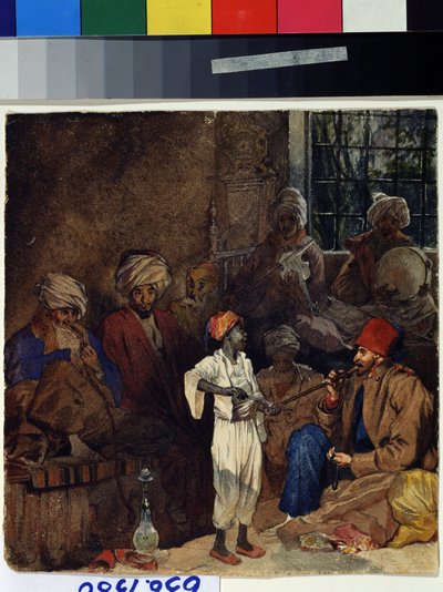 ""Majatalo Izmirissä Turkissa"" (Kahvitalo Smyrnassa) Akvarelli Grigori Gagarin (Gagarin) (1810-1893) 1835 Moskovan valtion A. Pushkinin taidemuseo tekijältä Grigori Grigorevich Gagarin