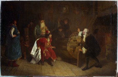 Venäjän laivaston isoisä. (Venäjän laivaston isoisä). Kohtaus Pietari I Suuren (1672-1725) lapsuudesta isoisänsä Nikita Romanovin (?) talosta, hän löysi englantilaisen kanootin, josta hänen intohimonsa navigointiin sai alkunsa. Maalattu tekijältä Grigori Grigoryevich Myasoedov